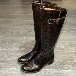Born Crown Tall Riding Boots Brown Crackle Leather Women's 8 Adjustable Buckle